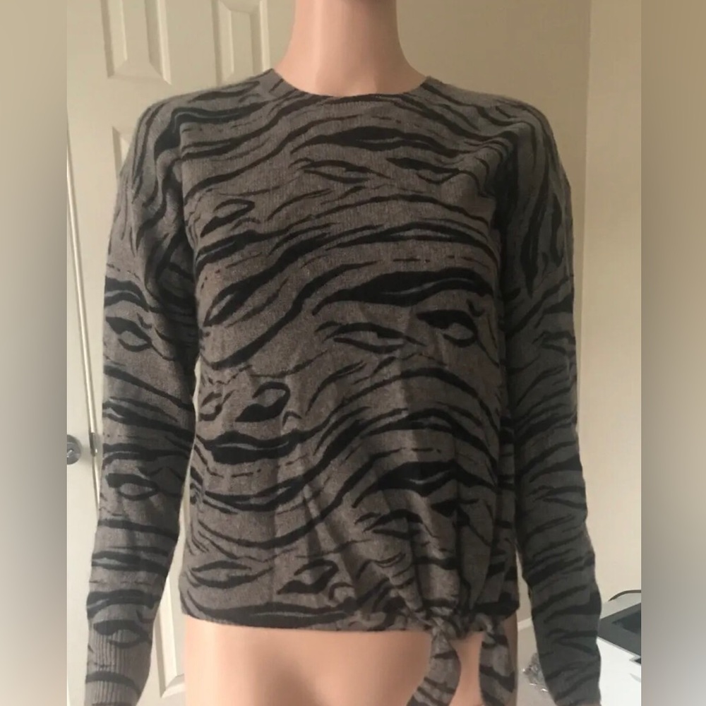 360 Cashmere Kourtney Zebra Print Tie-Front Cashmere Sweater XS